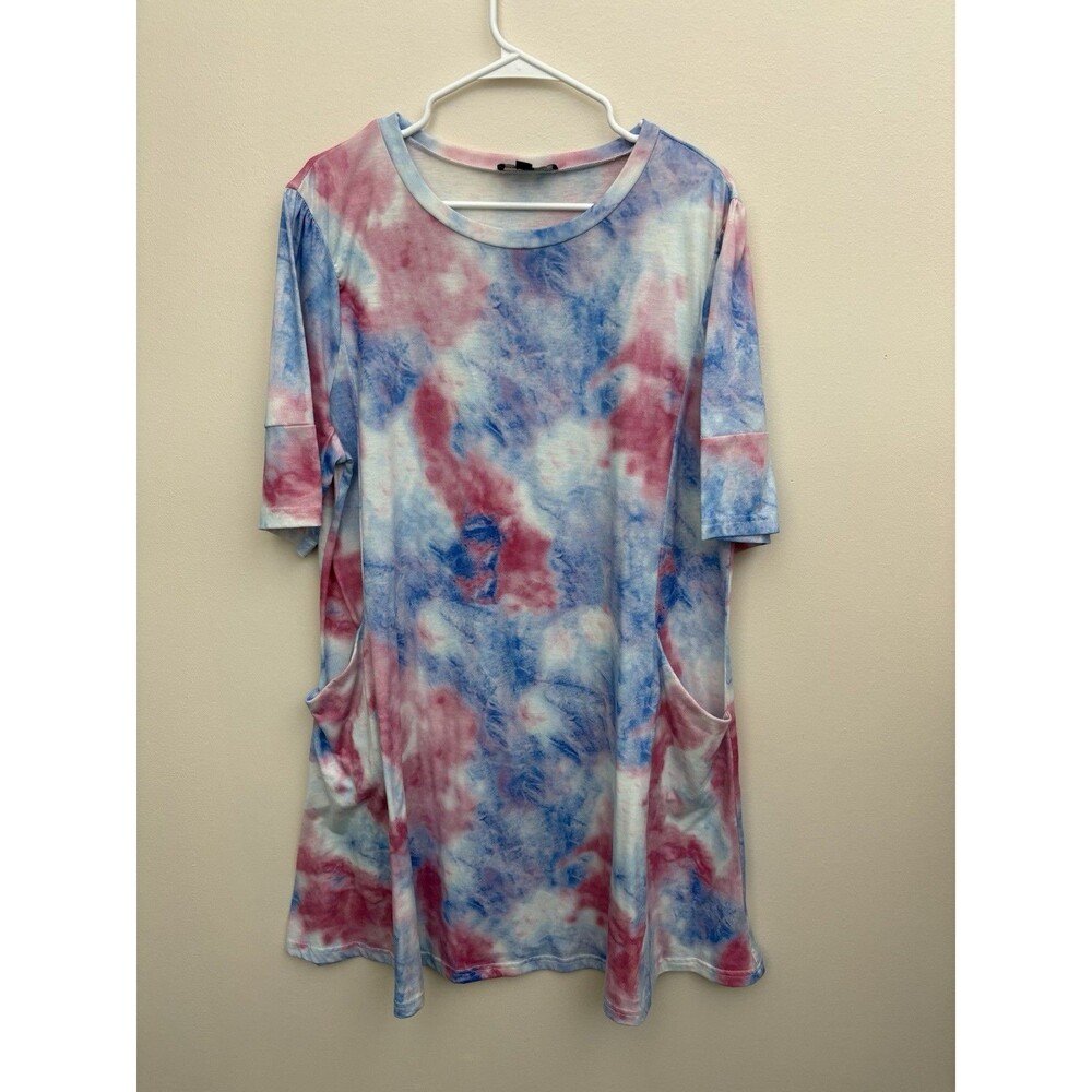 SUZANNE BETRO Women 1X Tie Dye Mini T-Shirt Dress Short Sleeve Crew Neck Pockets